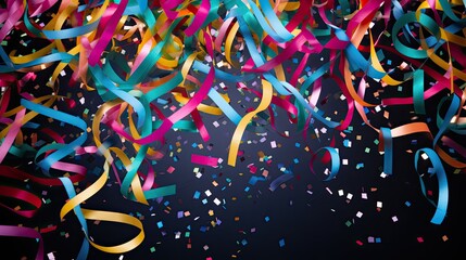 Bright cheerful New Year's dark background with ribbons of multi-colored serpentine ribbons and confetti.
