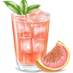 Refreshing Pink Guava Beverage with Ice Cubes and Mint Leaves in a Clear Glass