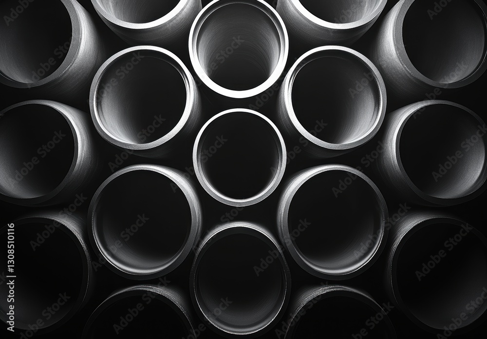Poster close-up of circular industrial pipes arranged in an abstract pattern displaying shadows and highlig
