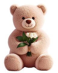High-Definition Fluffy Teddy Bear with Bouquet - PNG