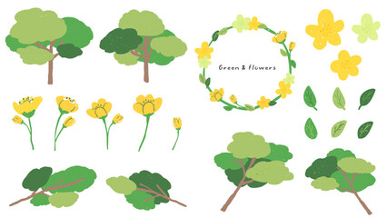 Fresh green trees and leaves, cute hand drawn illustration set with textures / 新緑の爽やかな木と葉、テクスチャのあるかわいい手描きイラストセット