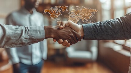 Obraz premium Two business professionals shaking hands with a world map displayed on a wall in the background