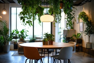 A collaborative office environment with a round table, cozy chairs, hanging plants, and a soft-lit electric lamp above.