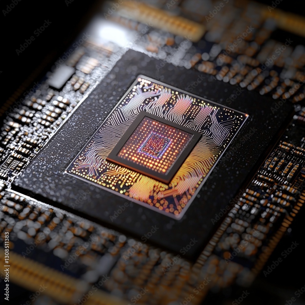 Poster high-quality image of a cpu chip showcasing advanced technology and precision engineering elements