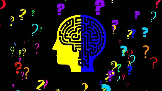 33 seconds of head side profile brain turning around with question marks flying out towards camera view HD video
