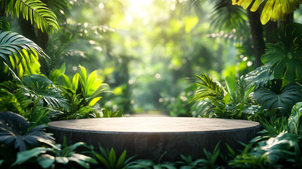 Tropical Forest Podium, product display, Lush Foliage, Dreamy Backdrop, 8k Render