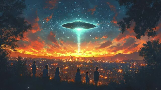 Friends gather for an exhilarating UFO watch party under a stunning twilight sky while spotting mysterious lights