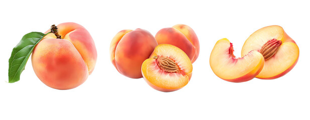 Ripe peaches, cut peach, isolated on transparent background.