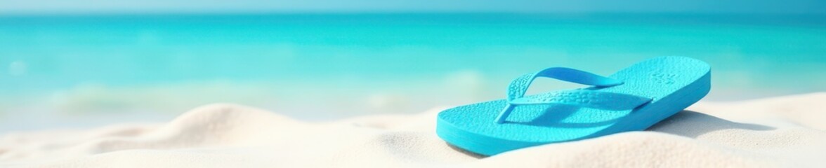 Bright blue flip-flops nestled in soft white sand, azure sea backdrop , sunshine, summer, sea