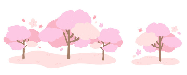 Spring image of cherry blossom trees, cute hand-drawn illustration with texture / 春をイメージした桜並木、テクスチャのあるかわいい手描きイラスト