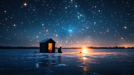 Ice fishing hut under starry night with bonfire