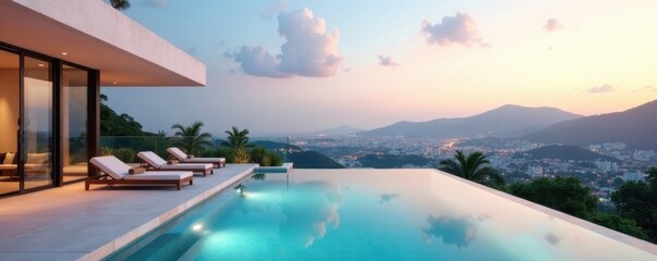 Modern minimalist home, infinity pool overlooking cityscape, minimal, geometric