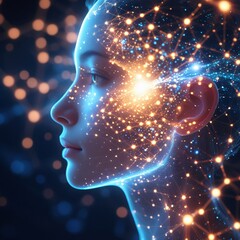 Fototapeta premium a female face with a glowing neural network, symbolizing artificial intelligence, consciousness, or the fusion of technology.The intricate web of blue and oran