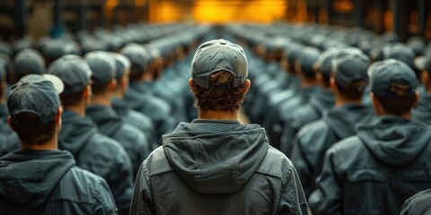 A group of people in identical gray uniforms stand with their backs in a large hall.