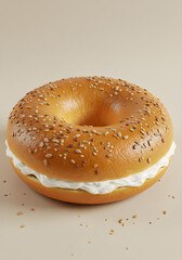 Bagel with cream cheese and sesame seeds on a beige background
