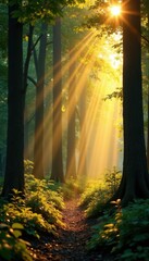 Golden sunbeams pierce dense canopy, illuminating forest floor, canopy, peaceful