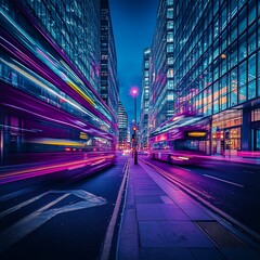 Blurred motion of buses at night on a city street between tall buildings.