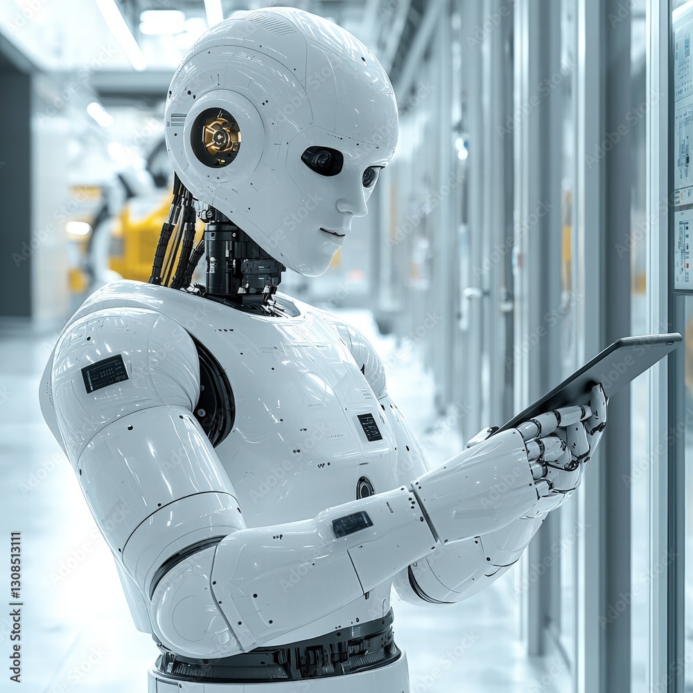 Poster futuristic robot standing alone in a minimalistic environment with high-tech features and design