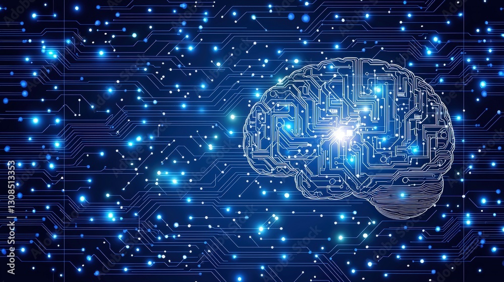 Poster conceptual image of a brain positioned on a circuit board representing the fusion of mind and tech