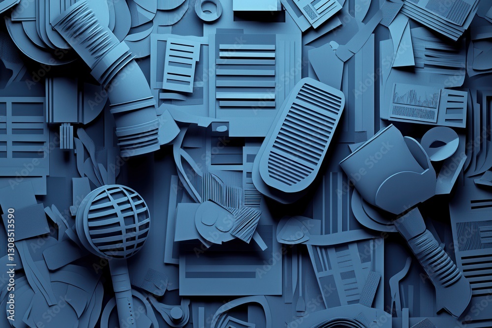 Aufkleber modern paper art background featuring layered cut out silhouettes of news and communication elements