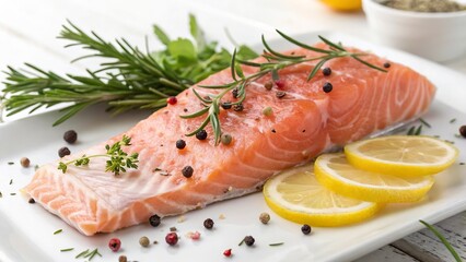 Raw Salmon Steak with Fresh Herbs and Lemon Slice on a White Background, Isolated Gourmet Food Photo rich color and marbling of the fish emphasize its freshness and premium quality.