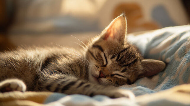 Sleeping kitten on a cozy blanket