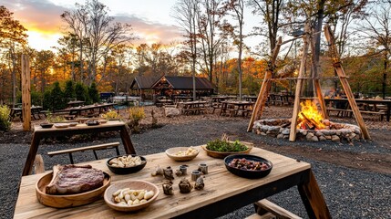 Rustic Outdoor Steakhouse Setting with Wooden Tables and Fire Pits