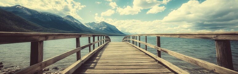 Obraz premium Wooden dock extends to tranquil lake with mountain backdrop.