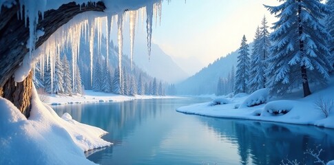 Frozen landscape with a frozen lake and twinkling icicles hanging from the rafters like frosty crystals, sparkles, icicle