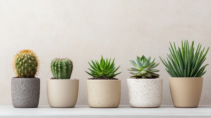 Fototapeta premium Assorted Cacti and Succulents in Minimalist Pots on a Neutral Background for Home Decor and Gardening