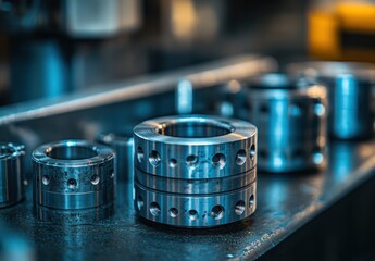 Close-up of Precision Engineered Metallic Components with Detailed Machining and Finishing for Industrial Applications in a Modern Workshop Setting