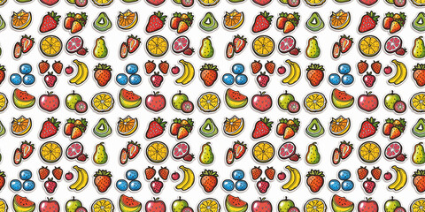 Colorful fruit stickers pattern featuring strawberries, kiwi, orange, pear, banana, watermelon