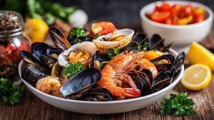 Fresh and Delicious Seafood Platter with Shrimp, Mussels, Clams, and Lemon Garnish on Wooden Table