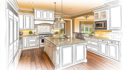 Fototapeta premium beautifully designed kitchen featuring large island, granite countertops, and elegant cabinetry. warm lighting enhances inviting atmosphere, perfect for cooking and entertaining