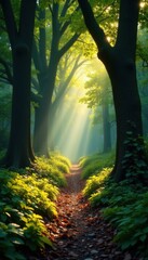 Obraz premium Sun-dappled path, ancient trees, mystical forest , way, enchanting