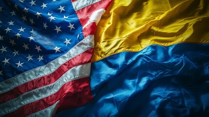 Obraz premium Close up of united states and ukraine flags merged, symbolizing diplomatic partnership and support