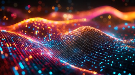 Abstract digital landscape with vibrant data streams and dynamic light patterns