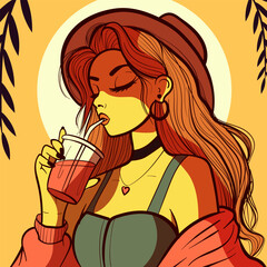 Young woman with long hair wearing a hat at golden hour under sunrays. Girl drinking a glass of lemonade.