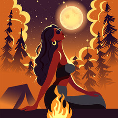 Flat illustration of a woman camping in the forest near bonfire and a tent. Female near camp fire under moonlight and magic clouds.