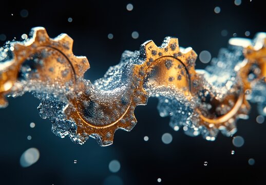 Close-Up of Rusty Gears with Water Droplets Creating an Industrial Aesthetic in Dark Background with Bokeh Effects for Stock Photo or Illustration Use