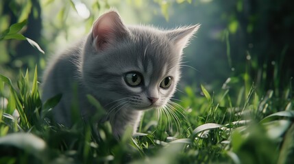Kitten in Grassy Forest Scene