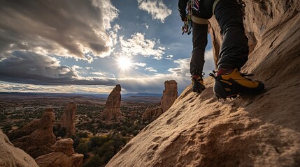 Climber's legs and feet on a rock face, overlooking a scenic valley with rock formations under a partly cloudy sky.