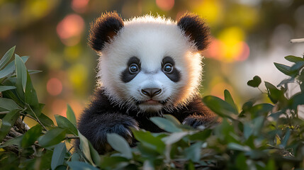 Fototapeta premium Cute baby panda in natural setting, closeup portrait, wildlife photography, adorable endangered species