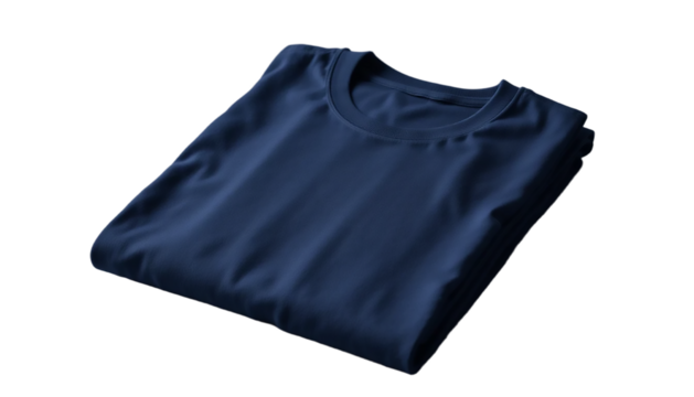 Neatly Folded Dark Blue T-Shirt on White Background