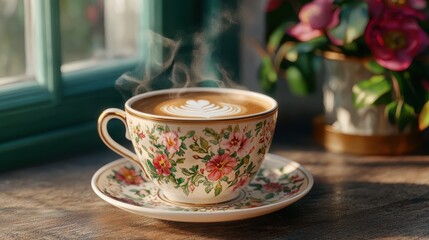 Elegant floral coffee cup with latte art on wooden table near window with steam rising and flowers in background
