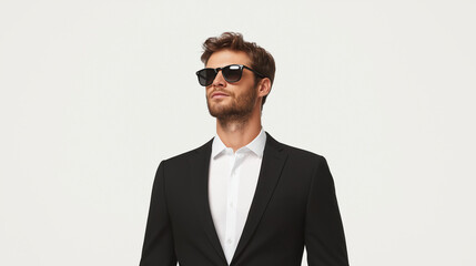 Stylish man wearing sunglasses and black suit on white background with copy space. Fashion and formal business attire