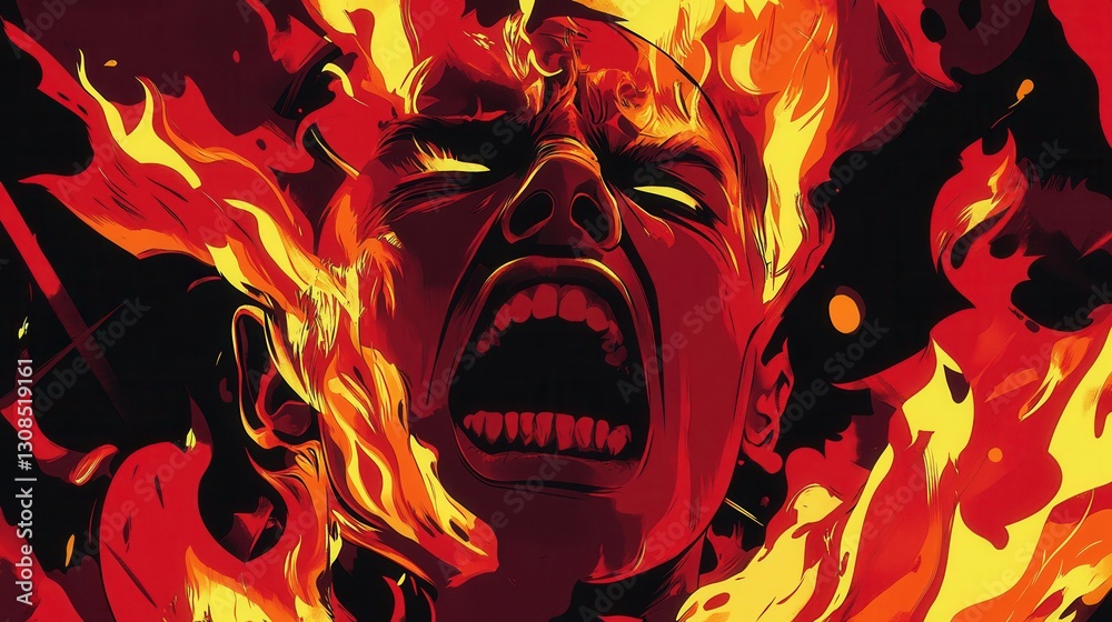Poster intense illustration of an angry individual engulfed in flames with a fierce expression in bold red 
