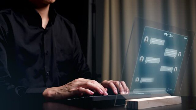 A person's hand is typing with a transparent speech bubble overlaid on top, suggesting a messaging or chat interface. The emphasis is on the interactive nature of chat communication. - Powered by Adobe