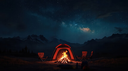 cozy campsite under starry night sky features glowing campfire surrounded by tent and chairs, set against backdrop of mountains