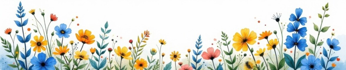 Vibrant watercolor wildflowers, blue & yellow tones, intricate details, watercolor, meadow, design